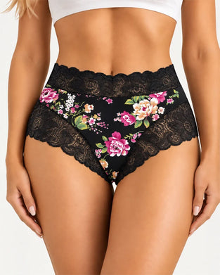 Truser 3-Pack Høy Midje Blomstret Trykk Blonde Kant