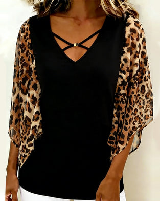 Bluse Flaggermuserme Leopardtrykk Lappeteknikk