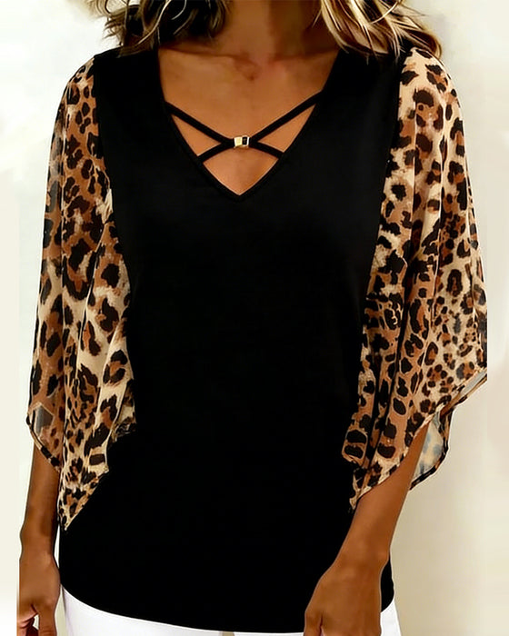 Bluse Flaggermuserme Leopardtrykk Lappeteknikk