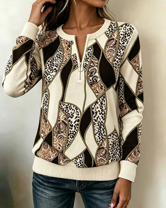 Genser Rund Hals Glidelås Leopardmønster Patchwork
