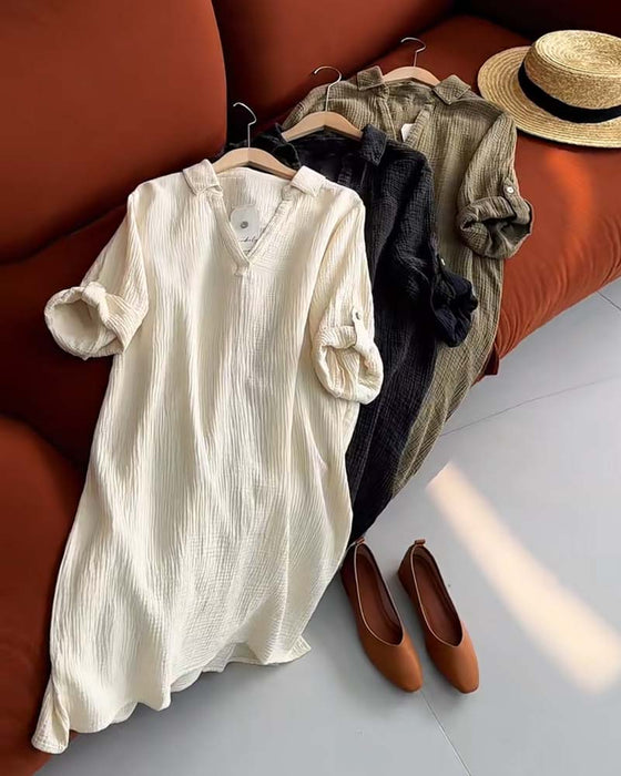 Kjole Langermet Ensfarget Enkel Krage