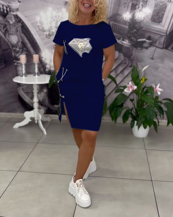 Kjole Trykket Tettsittende Splitt