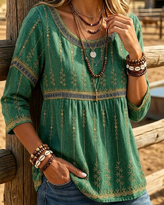 Bluse Rund Hals Trekvartser Mer Retro