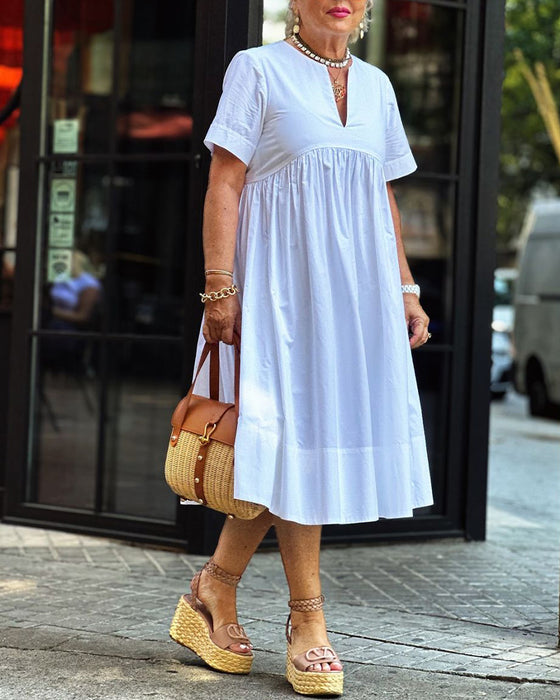 Patchwork kortermet ensfarget plissert kjole