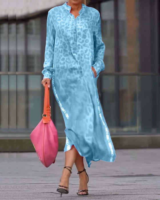 Kjole Langermet Leopardskrift Splitt