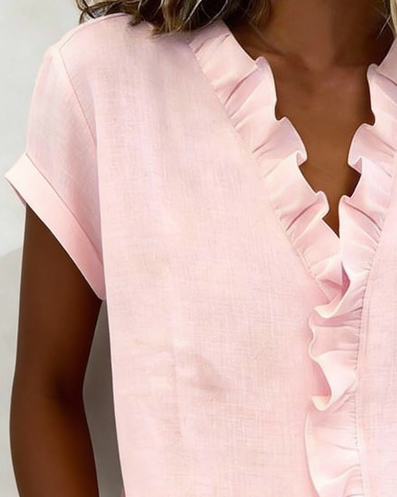 Kortermet Bluse I Ren Bomull Med Volangkrage