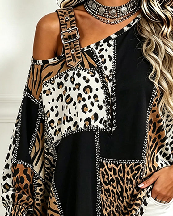 Bluse Leopard Trykk Patchwork Asymmetrisk Hals Lang Erme