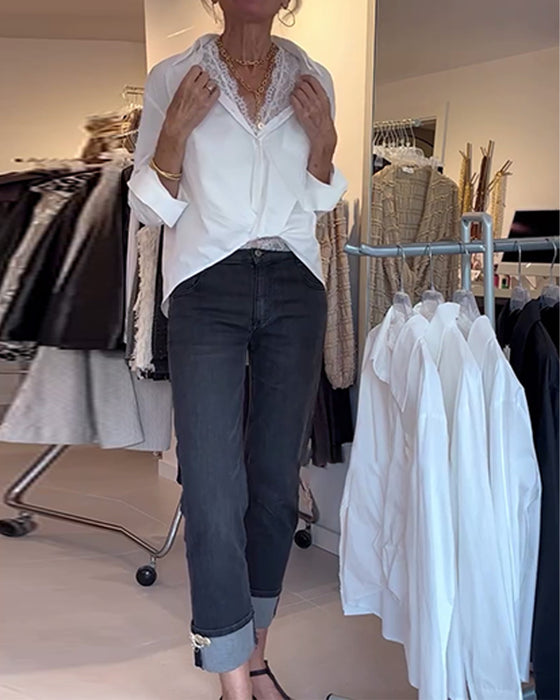 Skjorte Og Blonder Inner Sett Jakkeslag Ensfarget Langermet