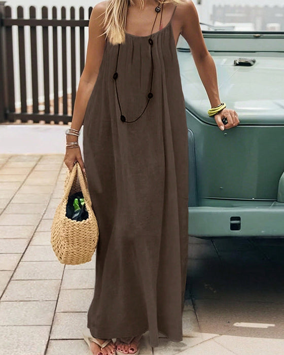 Kjole Ensfarget Rysj Ryggløs Spaghettitråd Maxi