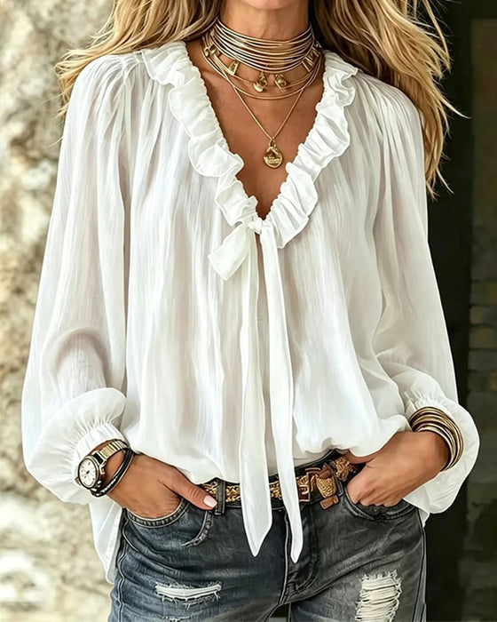 Bluse Ruffle Krave Knyting Lang Erme
