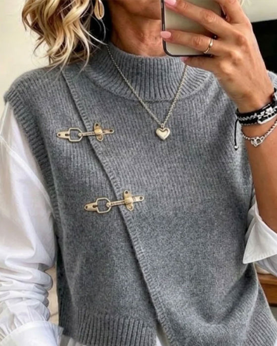 Sett Halv Turtleneck Diagonal Knappet Genser Vest