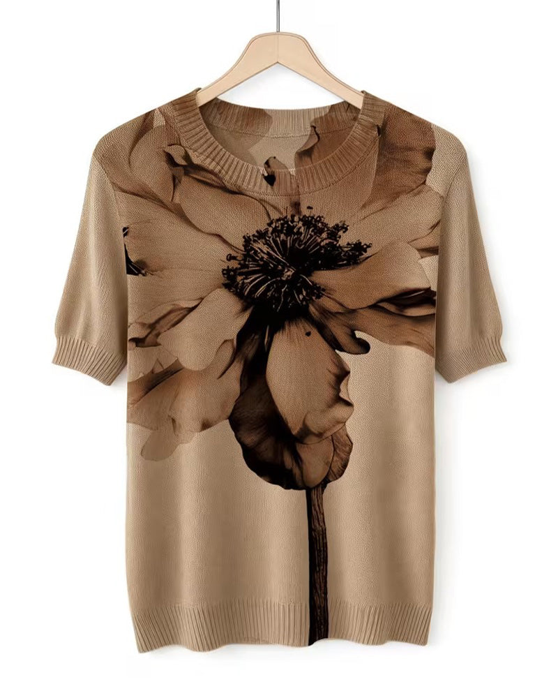 Pullover Blomstermønster Strikket Kortsermet