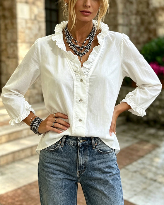 Bluse Ruffle Trim Knapp Solid Lang Erme