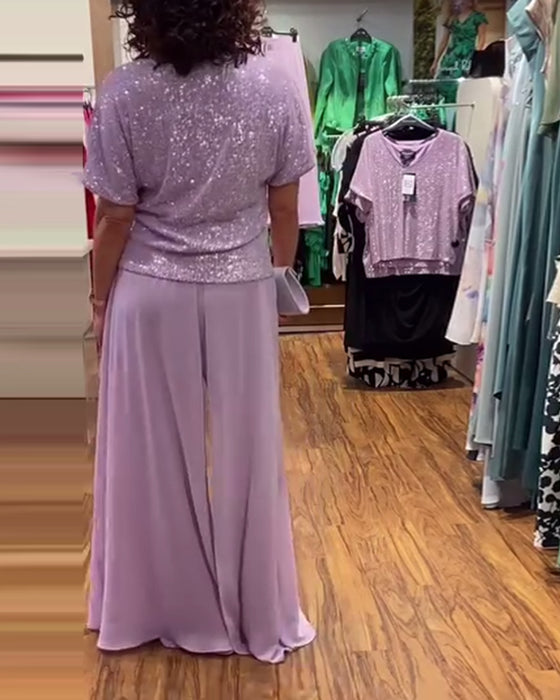 V-hals kortermet løs paljettbluse