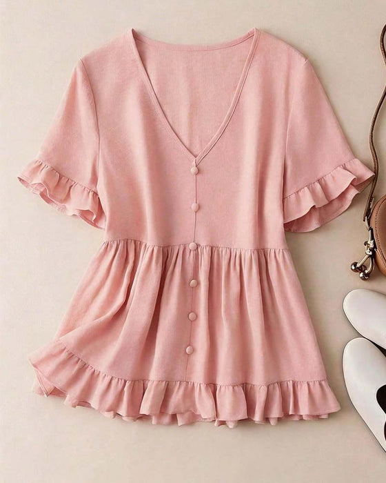 Bluse V-Hals Ruffle Perle Knapp