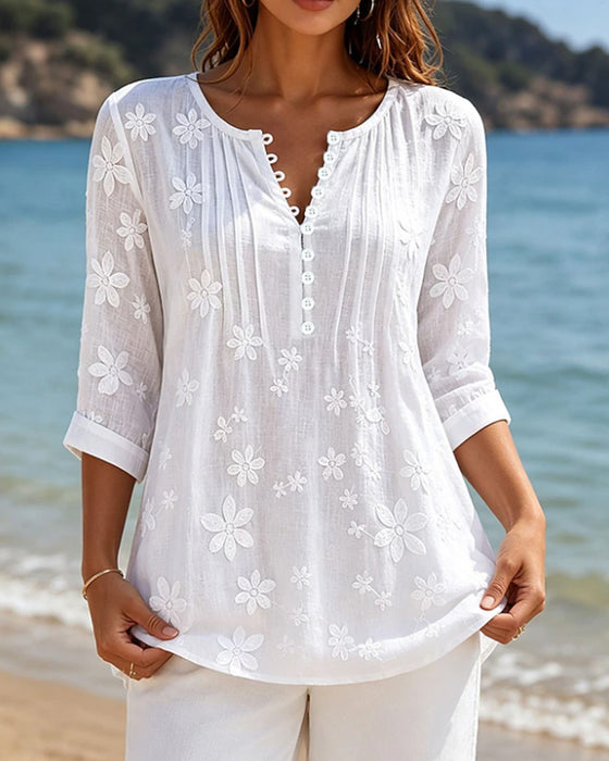Bluse Knapp Foran Rynket Blomstret Solid