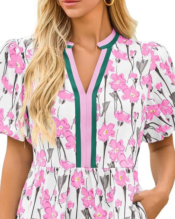 Kjole V-Hals Blomstrende Boble Erme Patchwork