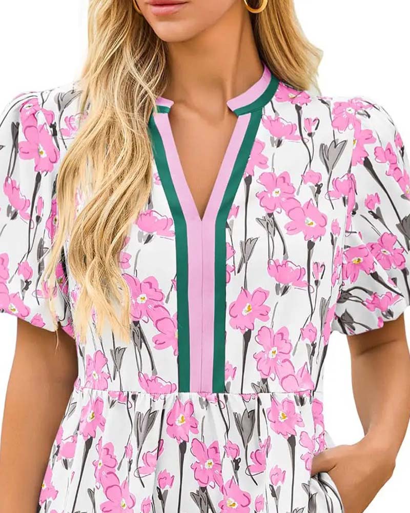 Kjole V-Hals Blomstrende Boble Erme Patchwork