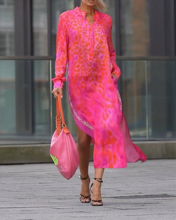 Kjole Langermet Leopardskrift Splitt