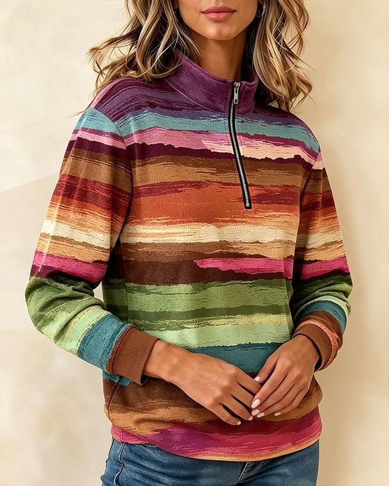 Sweatshirt Vintage Fargerik Stripet Halv Glidelås Stående Krage Lang Erme