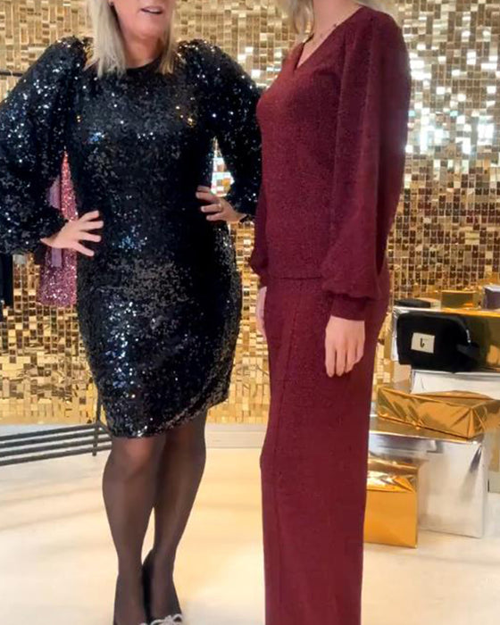 Kjole Med Paillettdetalj, Langermet Design Og Rundhals Stil