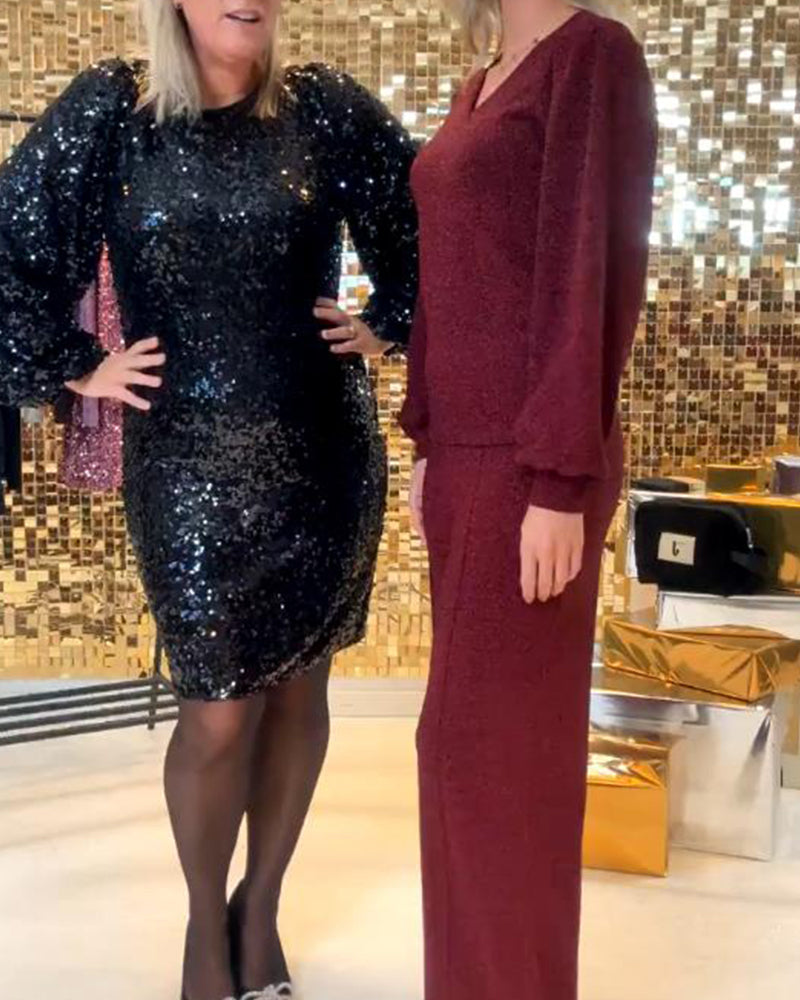 Kjole Med Paillettdetalj, Langermet Design Og Rundhals Stil