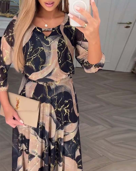 Kjole Elegant Trekvarts Erme Trykket Midje