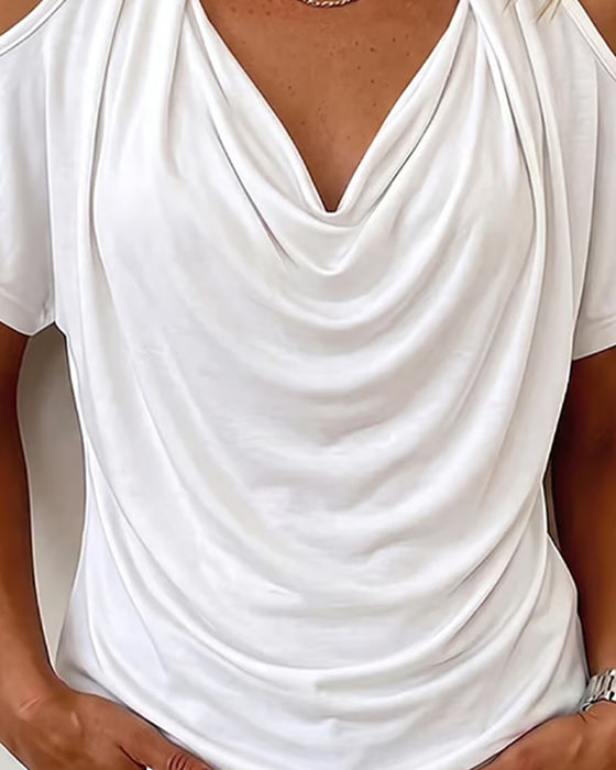 T-Shirt Halter Off-Shoulder Drapet Kort Erme
