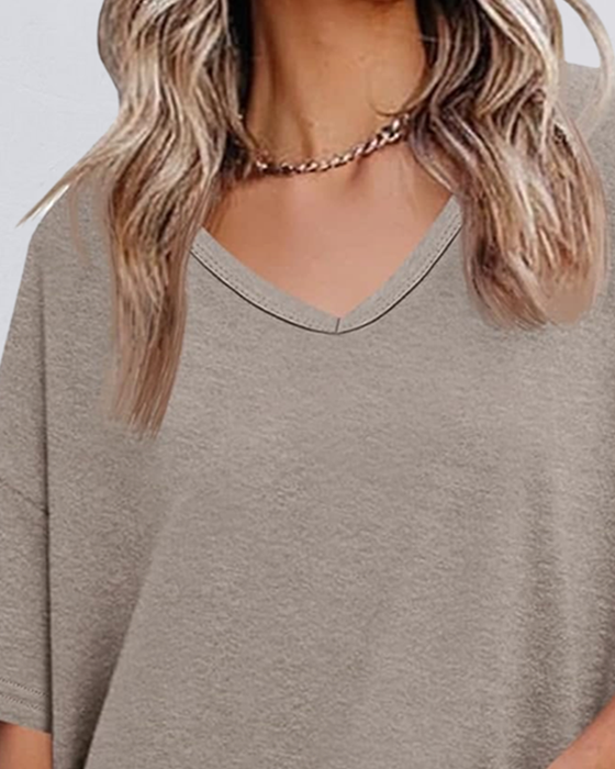 Bluse Ensfarget V-Utringning Lappeteppe Kant