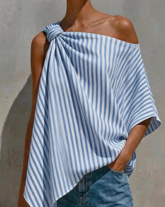 Bluse Stripet Løs Asymmetrisk Design