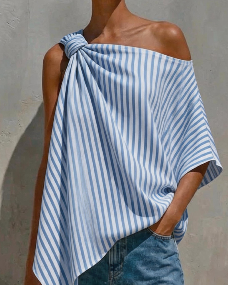 Bluse Stripet Løs Asymmetrisk Design