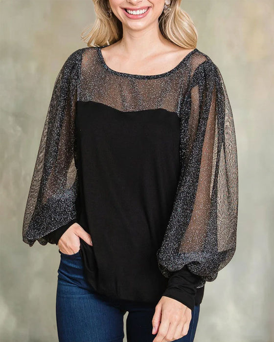 Bluse Sheer Puffererme Panel Avslappet