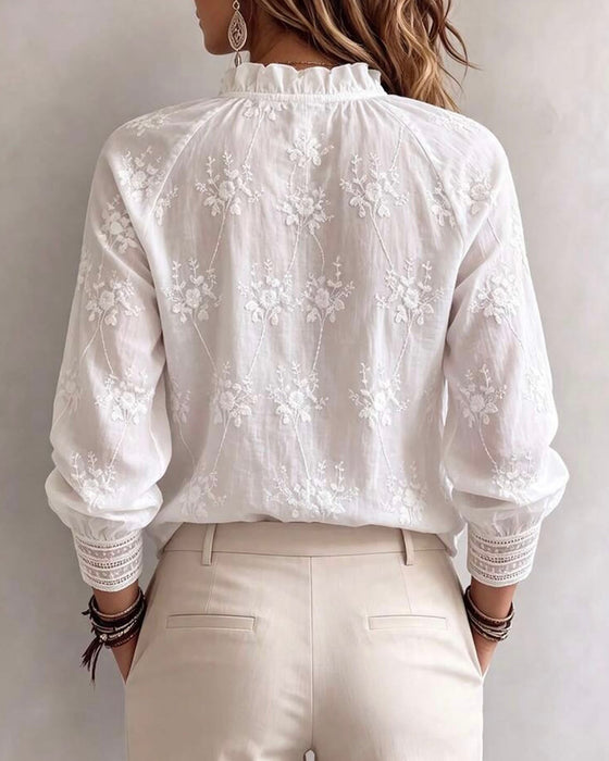 Bluse Ruffle Kant Mandarin Krage
