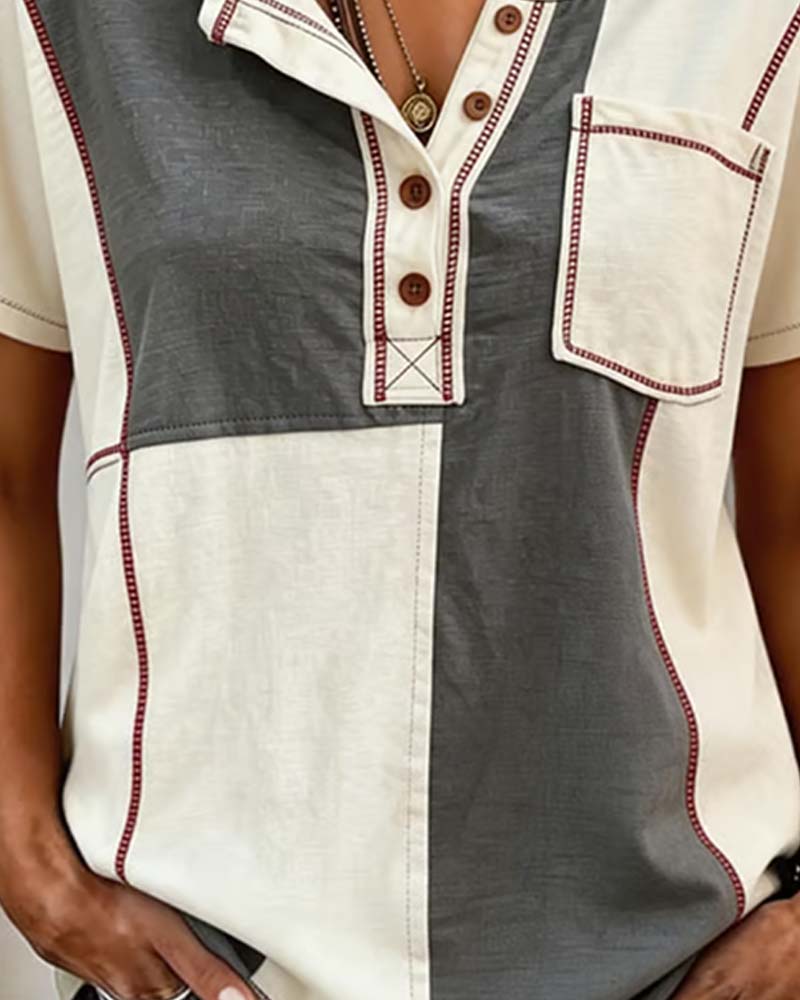 T-Skjorte Kontrastfarge Rundhalset Knapp Patchwork