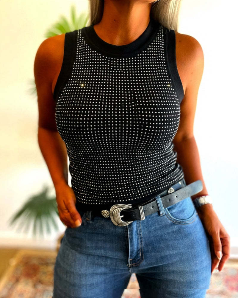 Tanktopp Ensfarget Ribbet Strass Tettsittende