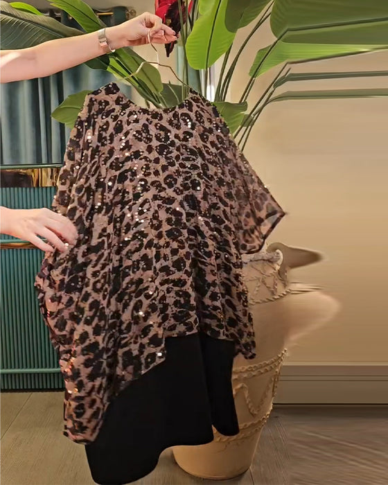 T-Skjorte Leopardmønster Paljetter Flaggermuserme