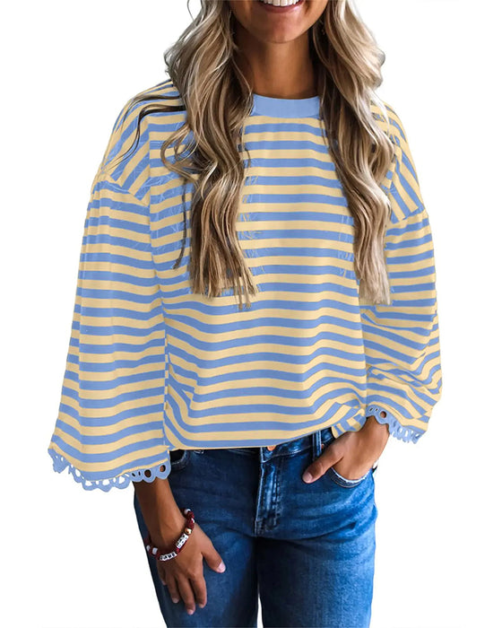 Bluse Rund Hals Drop Skulder Stripe Utskjæring