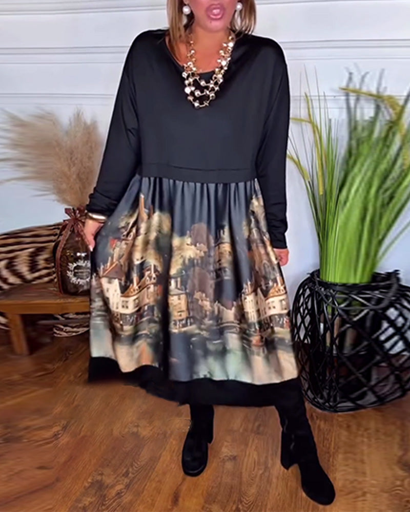 Kjole med lange ermer og trykk