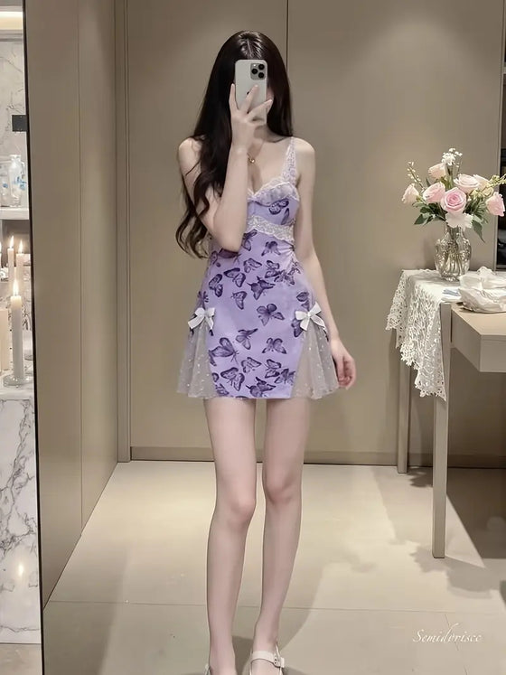 Dame Slim Fit Nattkjole Med Lav V-Hals Snøring Sommerfuglprint Topp Og Ryggløs Lounge-Sett