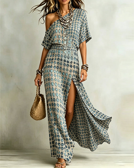 Kjole Off-Shoulder Polka Dot Splitt