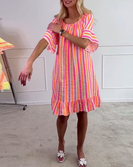 Kjole Rund Hals Stripete Plissért Skiftmodell