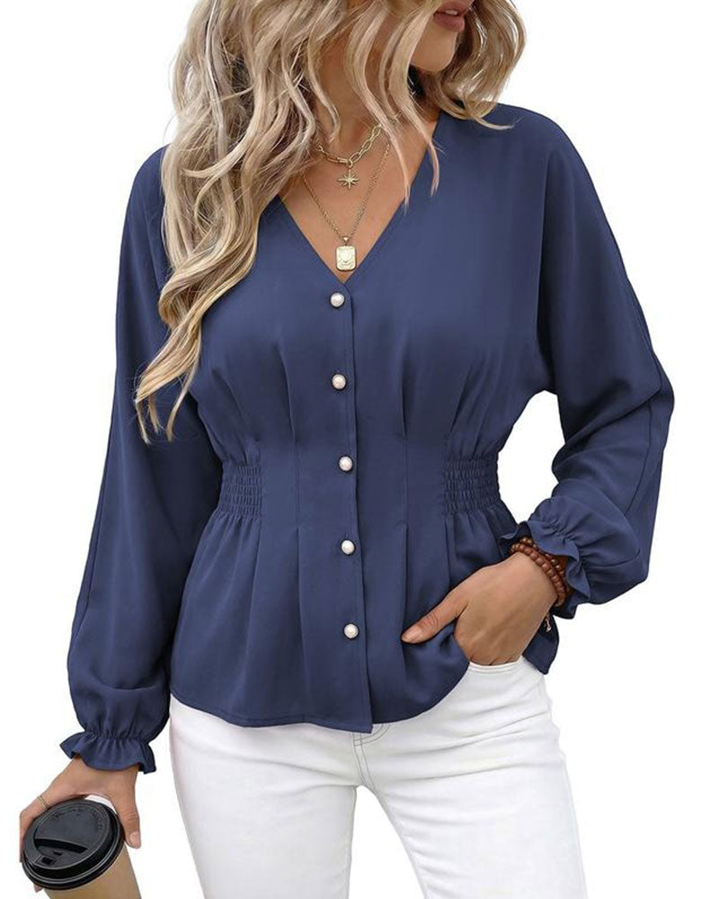 Bluse V-Hals Knapp Plissert Midje Volang