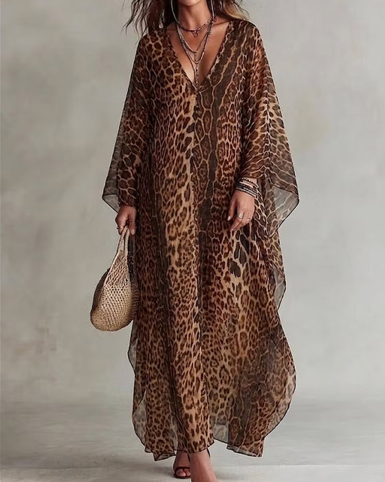 Kjole V-Hals Leopard Fullt-Skjørt