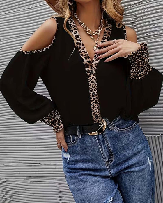 Bluse Off-Skulder Leopard Patchwork Lang Erme