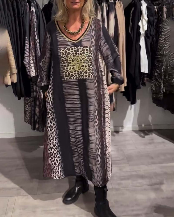 Kjole avslappet v-hals leopardprint