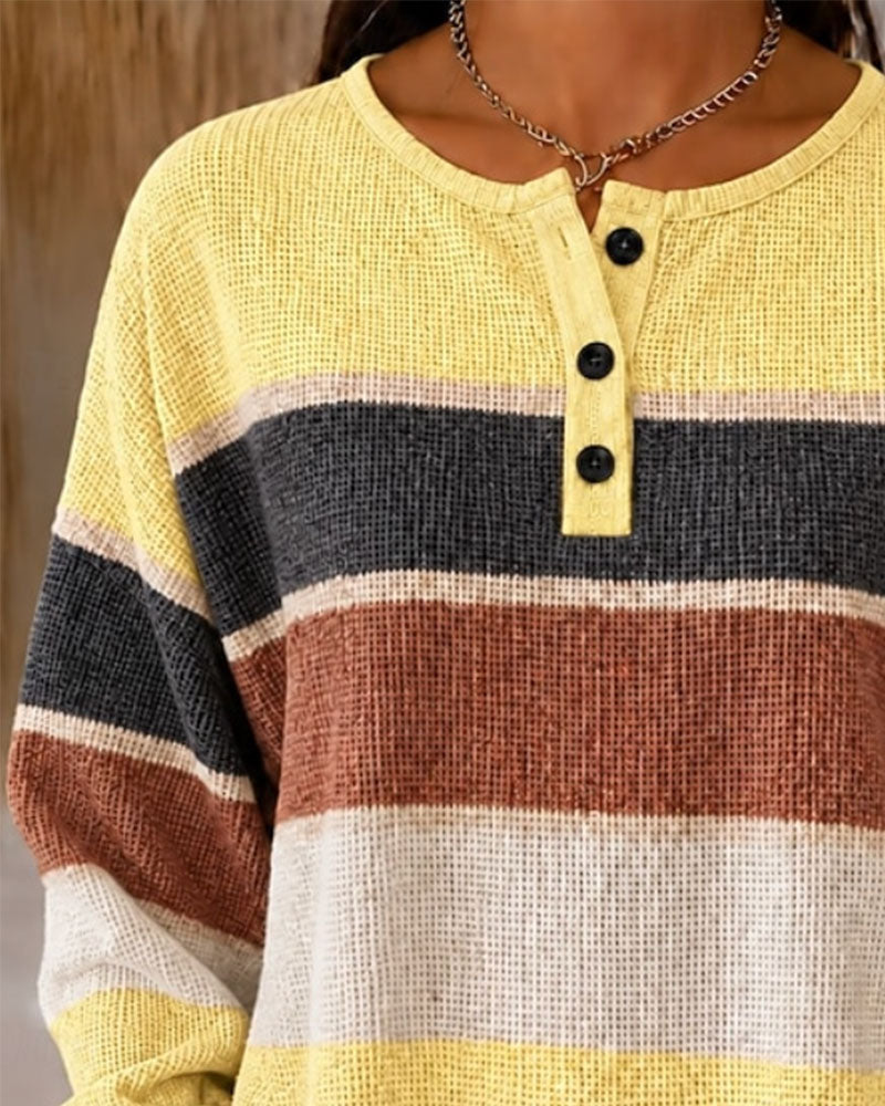 Sweatshirt Rund Halsringning Knäppt Kontrast Randig