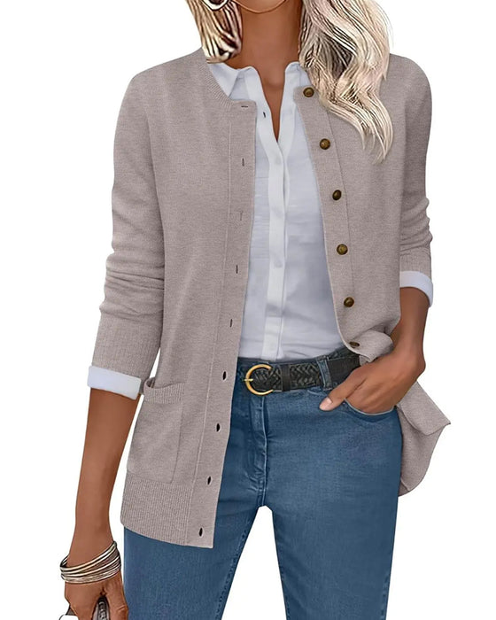 Cardigan Rundhalset Knapp Lang Erme Solid