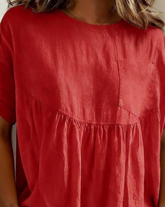 Bluse Drop Skulder Ensfarget Rund Hals Kortsermet