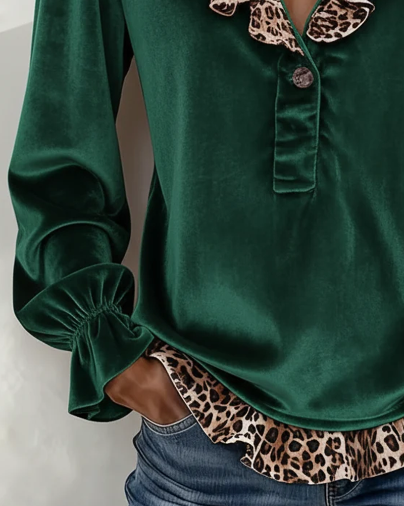 Topp V-Hals Knapp Ruffle Leopard