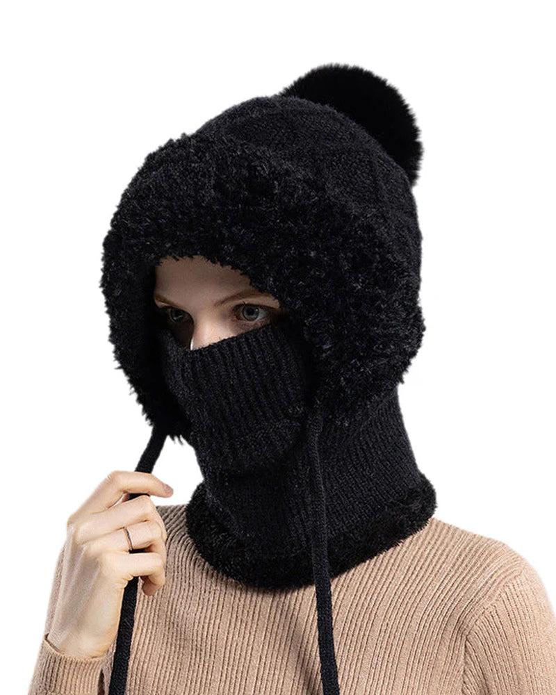 🔥Stilig Tykkstrikket Vinterlue – Med Varmt Ansiktsskjold Og Skjerf🧣